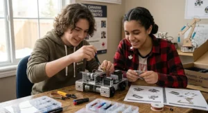 Two Canadian teenagers collaborating on a hands-on mechanical engineering build kit