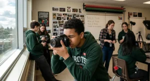 High school student framing a photo shot during a Canadian photography class using a beginner DSLR camera.
