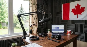 Cozy Canadian home podcaster studio arrangement featuring a premium podcast microphone kit surrounded by acoustic foam wall panels.