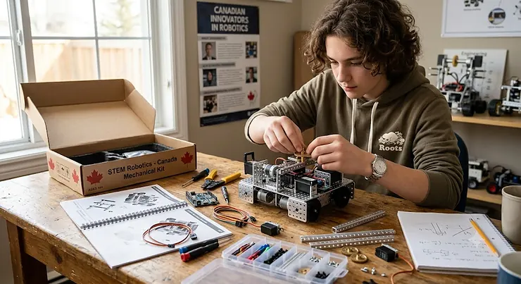 Teenager in Canada assembling a mechanical engineering robotics kit at a wooden desk mechanical engineering kits teens