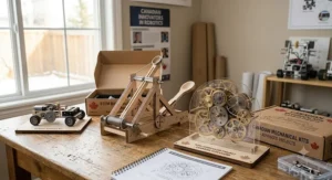 Display of completed mechanical engineering projects for Canadian teens including catapults and clockwork gears