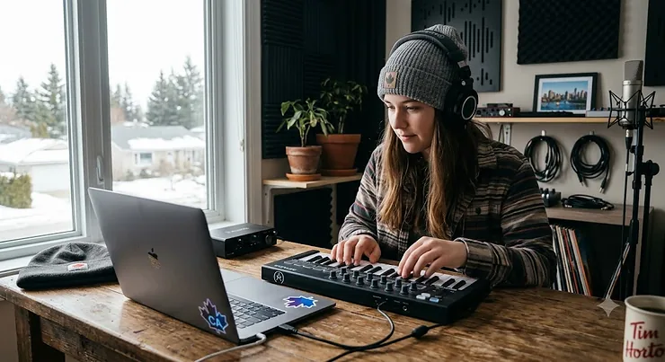 A beginner using a compact USB MIDI keyboard connected to a laptop in a Canadian home studio setup.