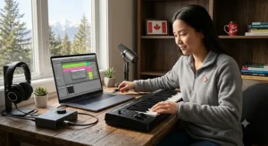 Illustration showing a MIDI keyboard plugged into digital audio workstation software on a computer.