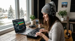 A beginner musician wearing headphones while composing music with a compact MIDI keyboard.