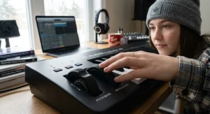 Detailed view of pitch bend and modulation wheels on an accessible MIDI keyboard for Canadian beginners.