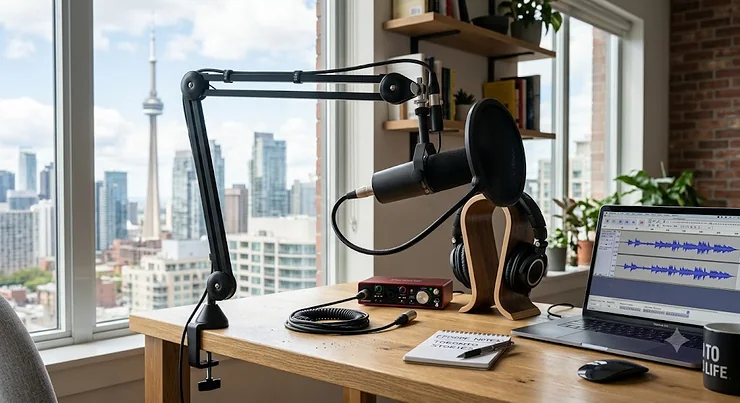 Illustration of a complete podcast microphone kit set up on a home desk in Toronto, including a condenser mic, boom arm, pop filter, and headphones.
