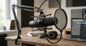 Detailed graphic illustrating a podcast microphone kit's anti-vibration shock mount and dual-layer mesh pop filter attached to a mic.