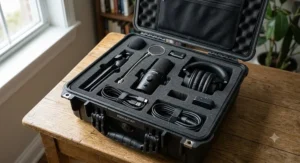 Portable podcast microphone kit packed inside a durable padded travel case with a compact microphone, collapsible stand, and cables.