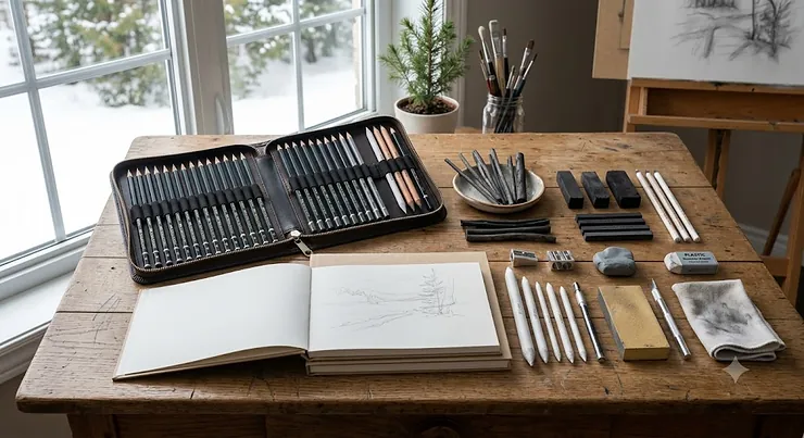 A comprehensive professional drawing set featuring graphite pencils, charcoal sticks, and blending stumps laid out neatly on a wooden desk in a Canadian studio.