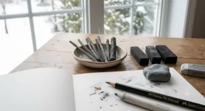 Detailed display of willow charcoal sticks, compressed charcoal, and a kneaded eraser included in a complete professional drawing set.