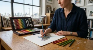 Artist using a professional drawing set with vibrant artist-grade coloured pencils to draft detailed illustrations on thick paper.