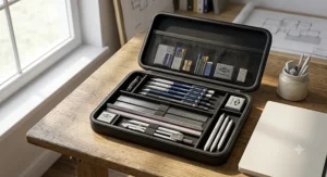 Professional drawing set featuring mechanical drafting pencils, precision steel rulers, and dual-ended blending stumps.