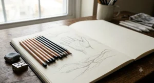 Close-up view of premium graphite pencils ranging from 2H to 8B alongside an open textured paper sketchbook from a professional drawing set.