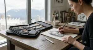 An artist demonstrating fine shading techniques on a portrait illustration using HB and 4B pencils from a professional drawing set.