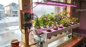 Raspberry Pi automated indoor hydroponic garden controlling LED growth lights and moisture sensors.