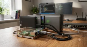 Compact Raspberry Pi network-attached storage NAS server configured with dual external hard drives.