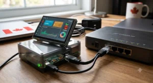 Raspberry Pi board running Pi-hole network-wide ad blocker connected to a Canadian ISP router.