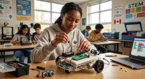 Student building a Raspberry Pi Pico robotics project for a Canadian school STEM program.