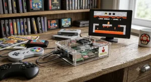 Retro gaming console built with a Raspberry Pi and vintage game controllers on a desk.
