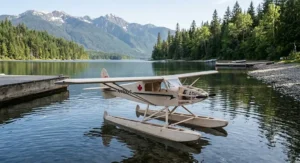 Completed RC float plane building kit fitted with floats ready for water takeoff on a Canadian lake