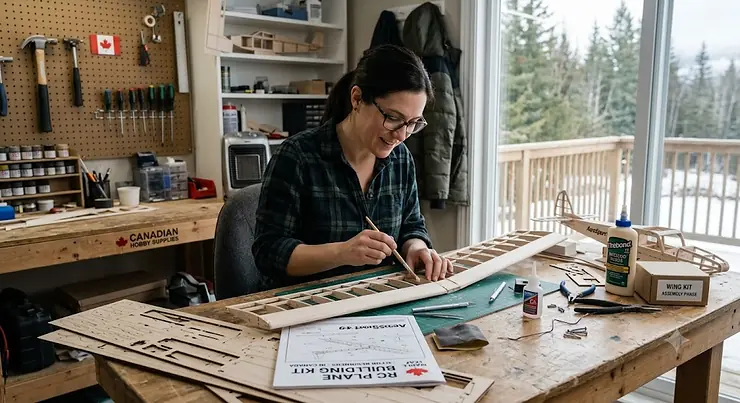 Beginner assembling a wooden RC plane building kit at a workshop bench in Canada