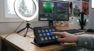 Close-up of a teen content creator using a customizable stream controller deck to switch scenes.