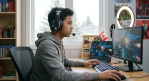 Teen gamer wearing an over-ear gaming headset with a boom microphone playing video games.