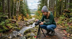 Teenage girl exploring a nature trail in Canada while practising photography with her first DSLR camera.