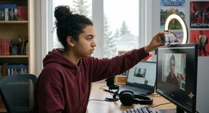 Teenage girl adjusting an HD webcam attached to a computer monitor for video streaming.