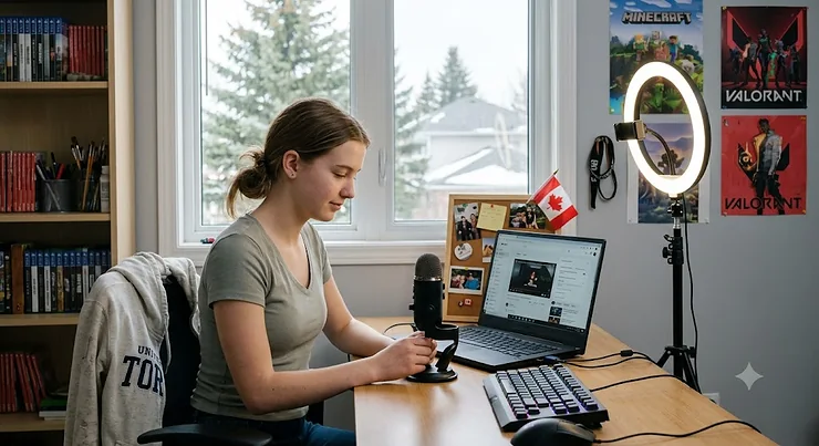 Teenager setting up a beginner streaming kit with a USB microphone and ring light in a Canadian bedroom studio. streaming equipment teens