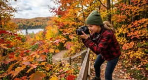 Young teen capturing bright autumn leaf colours in Ontario using an easy-to-use beginner DSLR camera.