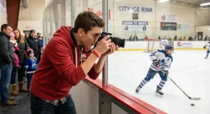 Teenager using fast shutter speed on a beginner DSLR camera to capture sharp motion shots at a local ice rink.