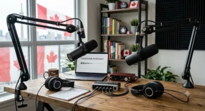 Two-person podcast microphone kit layout showing a pair of dynamic microphones, adjustable boom arms, and multi-headphone splitter.