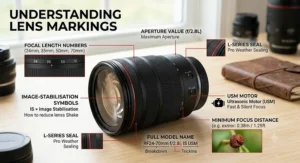 Detailed diagram explaining barrel markings, focal length numbers, and image-stabilisation symbols for a camera lens beginner.