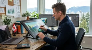 Graphic designer in Vancouver illustrating on a Wacom Cintiq Pro display tablet