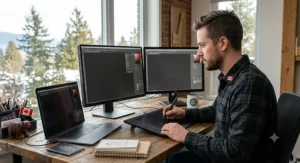 Remote creative worker using a Wacom Intuos Pro pen tablet at a home desk setup in Canada