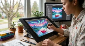Digital artist sketching colourful artwork with a pressure-sensitive pen on a Wacom One tablet