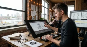 Animator working on 2D character animation using a high-end Wacom tablet in Halifax
