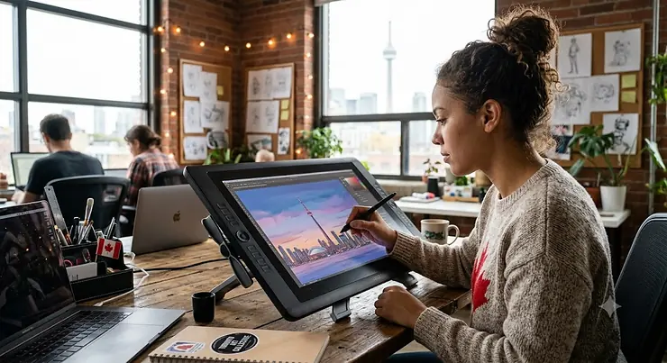 Canadian digital artist using a Wacom tablet in a creative studio space in Toronto