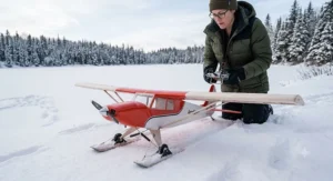 Remote control aircraft built from an RC plane building kit equipped with skis on snowy terrain