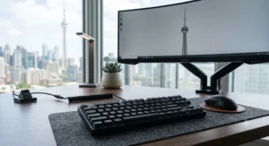 Sleek wireless gaming mechanical keyboard on a modern wooden desk setup