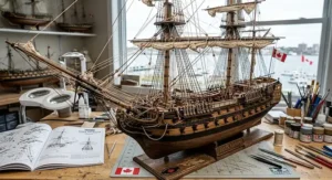 Intricate wooden sail ship rigging featured in an advanced model kit for expert builders.