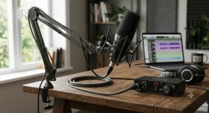 Professional XLR podcast microphone kit connected to a dual-channel audio interface, shock mount, and XLR cable on a studio table.