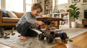 A six year old operating beginner remote control cars for kids on a living room rug