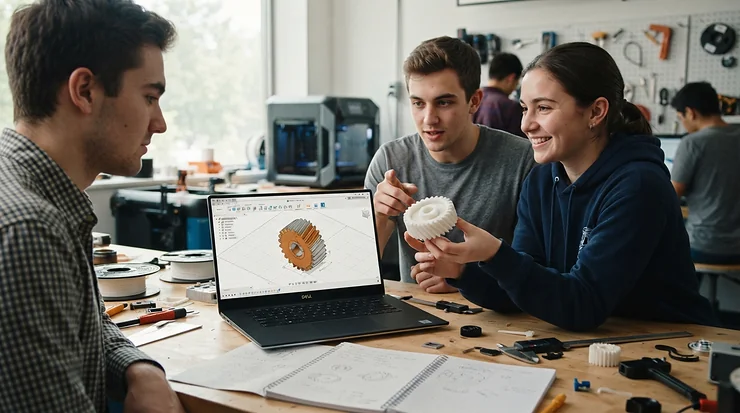CAD software students working together on a prototype in a campus fabrication lab