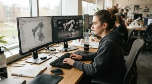 CAD software students learning computer-aided design techniques in a modern lab