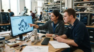 CAD software students collaborating on an engineering design project in a university lab