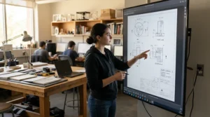 CAD software students reviewing technical drafting schematics and blueprints