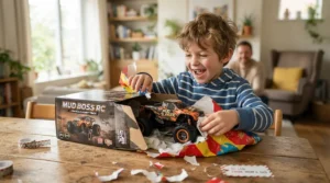 Unboxing remote control cars for kids as a birthday gift during a winter celebration