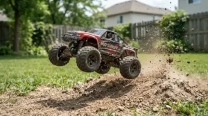 Durable remote control cars for kids kicking up dust on a backyard dirt track